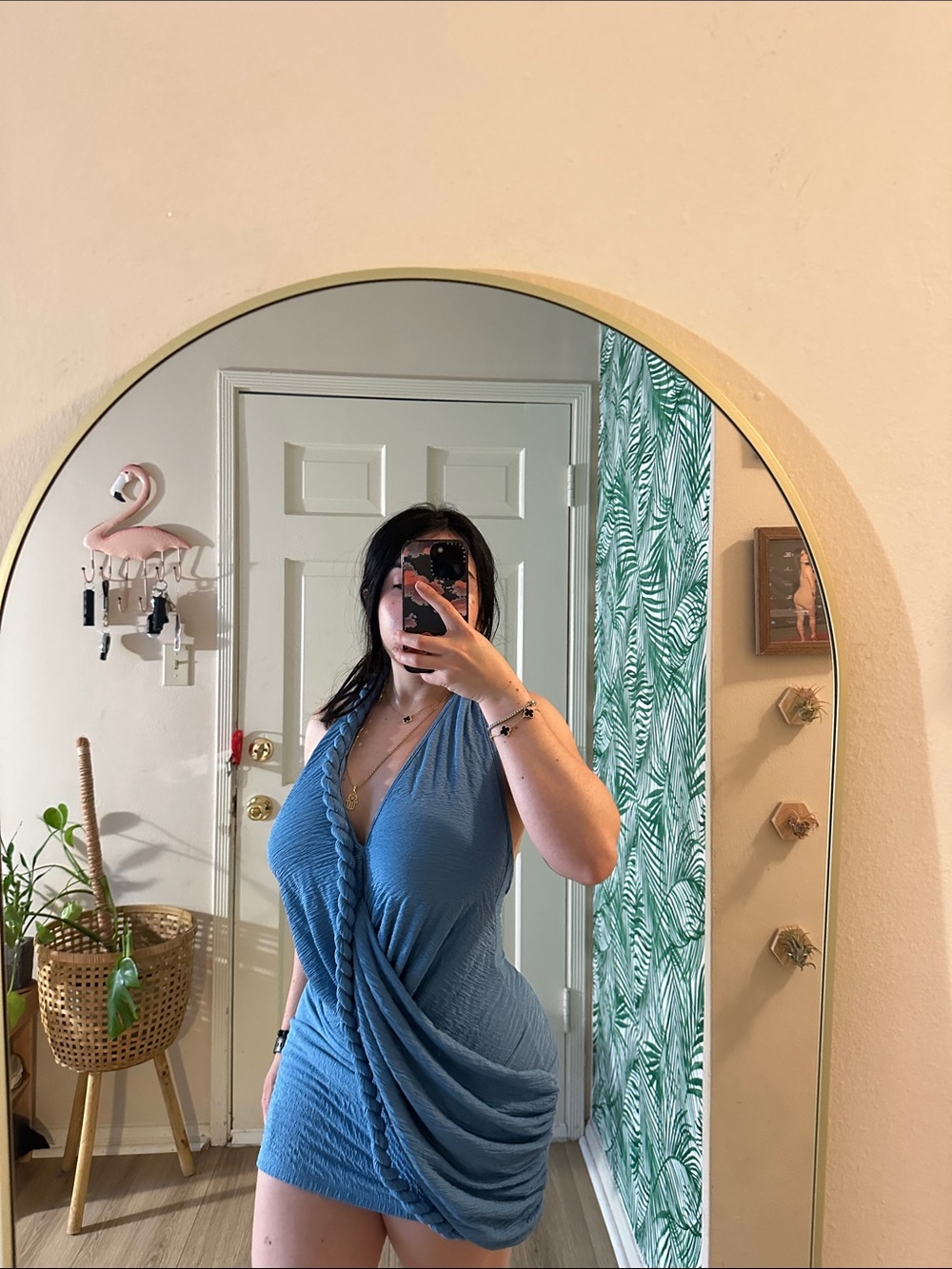 Micas Blue Ruched V-Neck Mini Dress - Women
